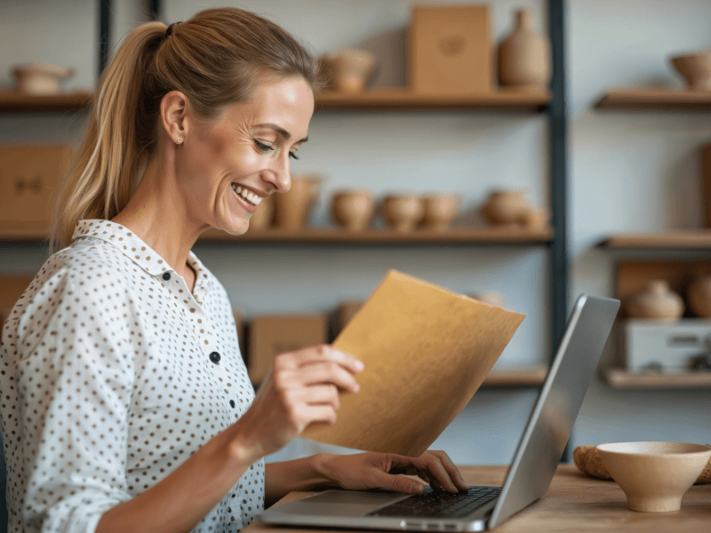An independent brand owner reviewing wholesale outreach at a laptop