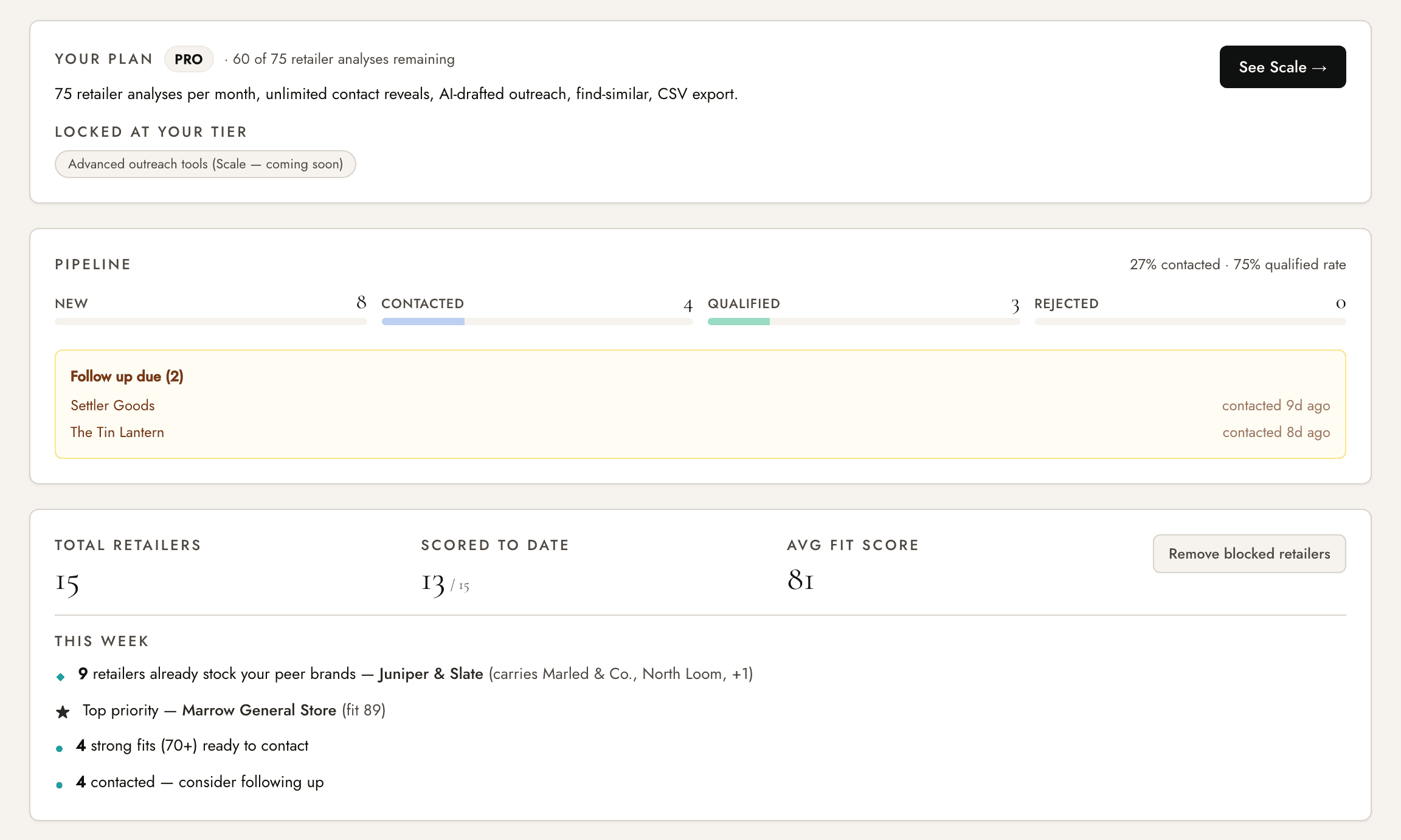 The Jenro dashboard: a scored, tier-grouped table of matched retailers